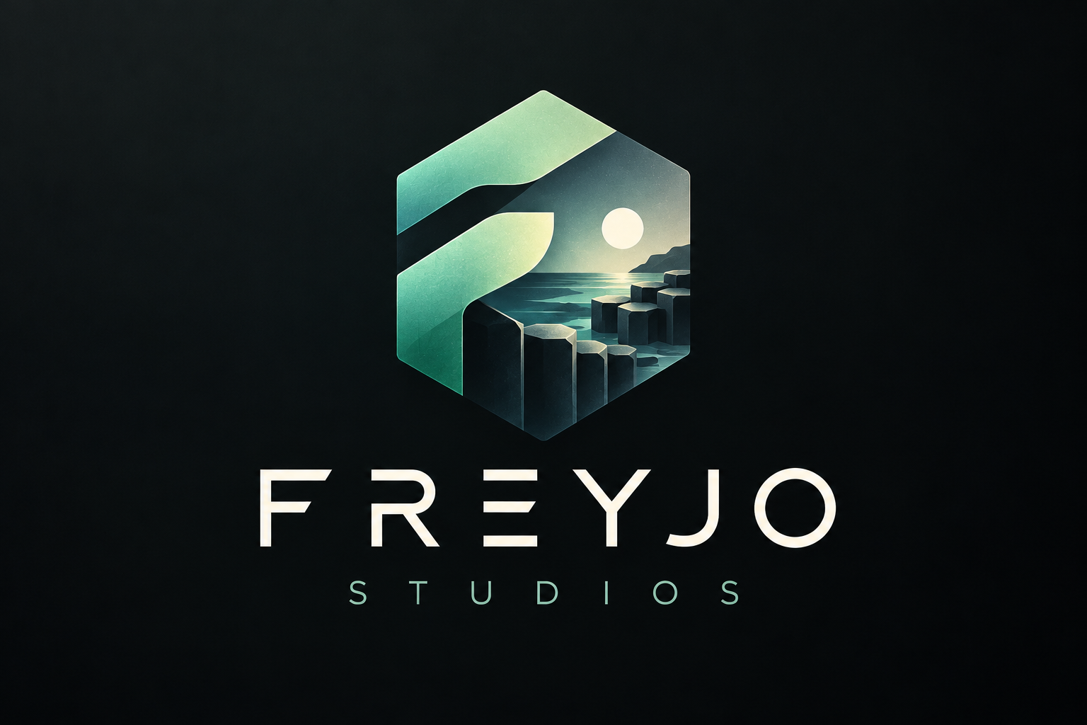 Freyjo Studios original emerald and teal hexagonal emblem and wordmark